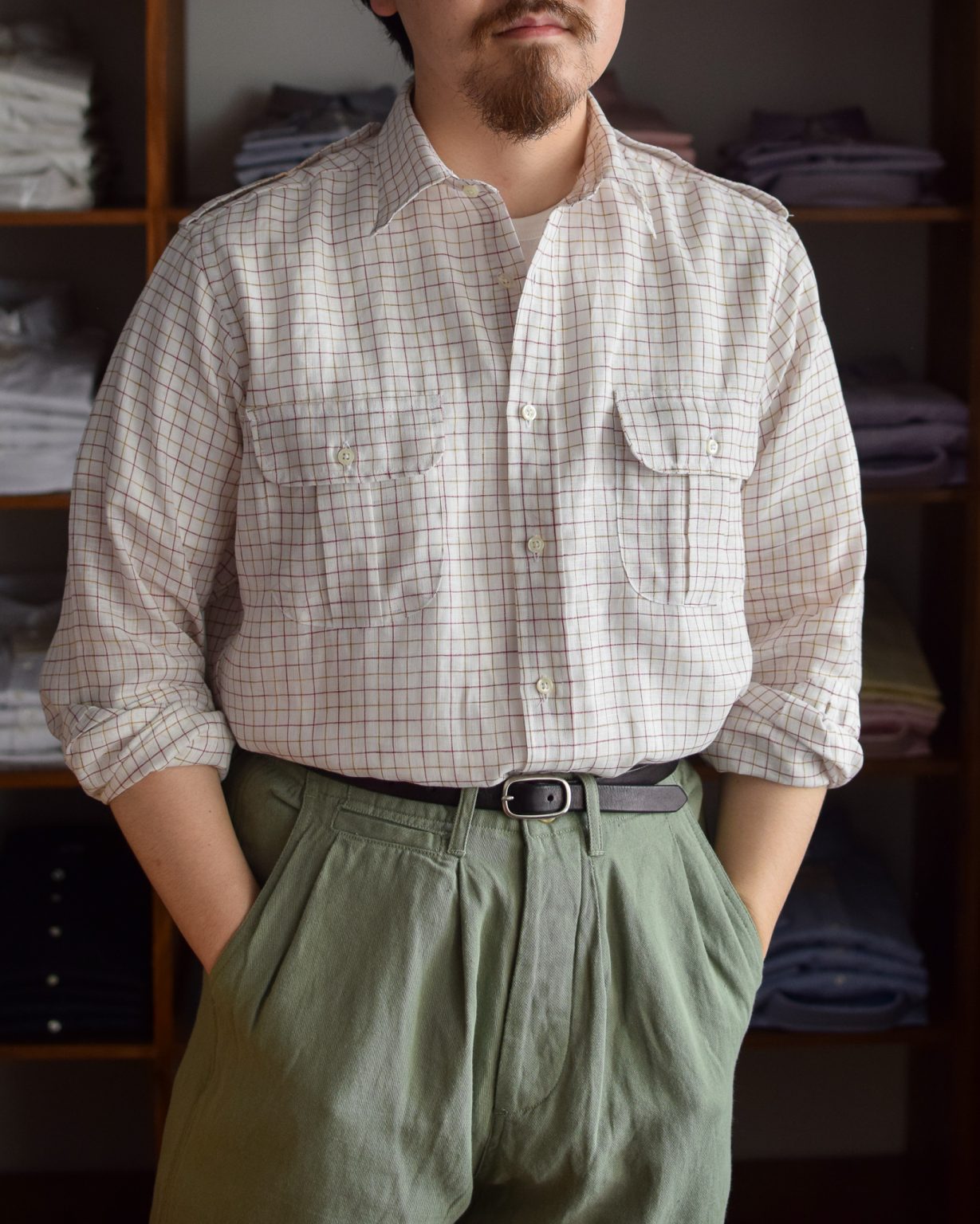 INDIVIDUALIZED SHIRTS "LINEN TATTERSALL (BUSH SHIRT)"(RED/GOLD)