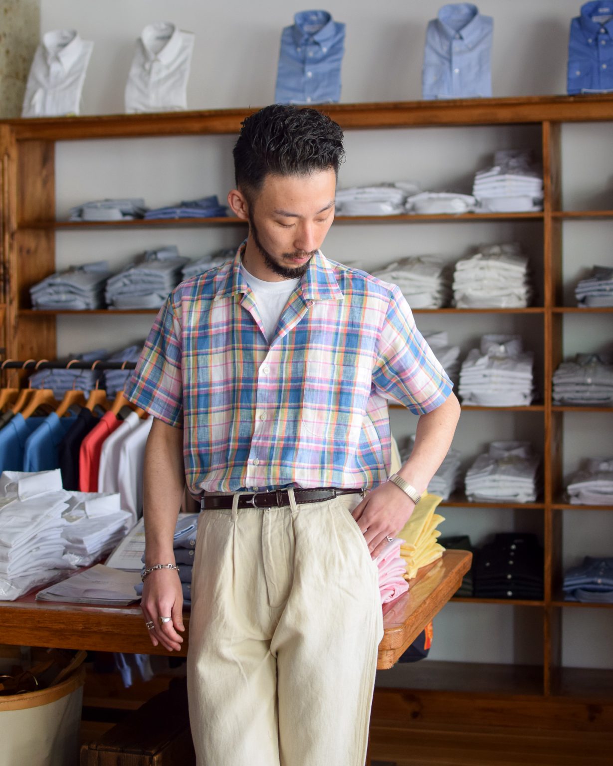 INDIVIDUALIZED SHIRTS "LINEN CHECK (CAMP COLLAR SHORT SLEEVE SHIRT)"(BLUE/PINK)