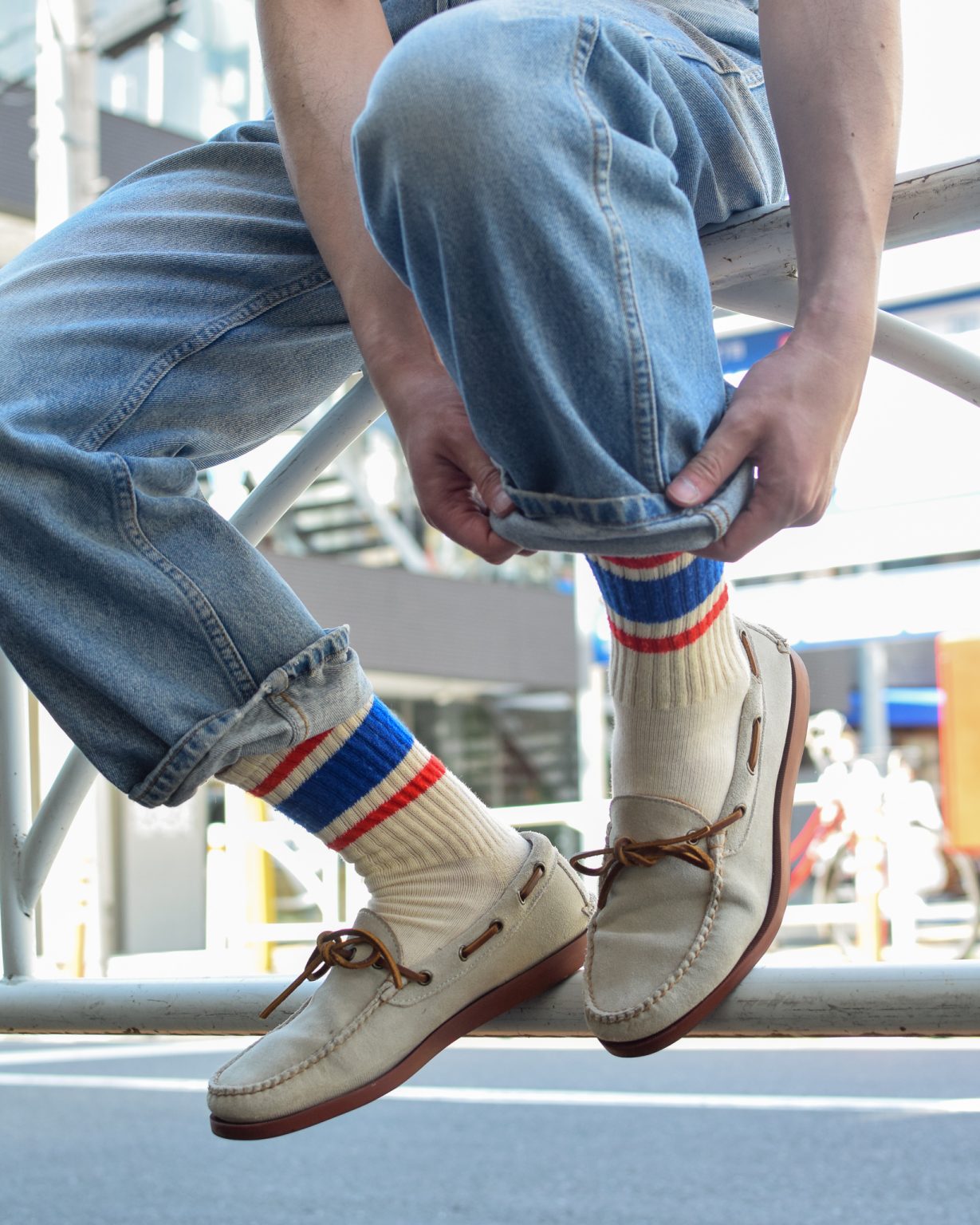 AMERICAN TRENCH "RETRO STRIPE SOCK"(ROYAL×RED)