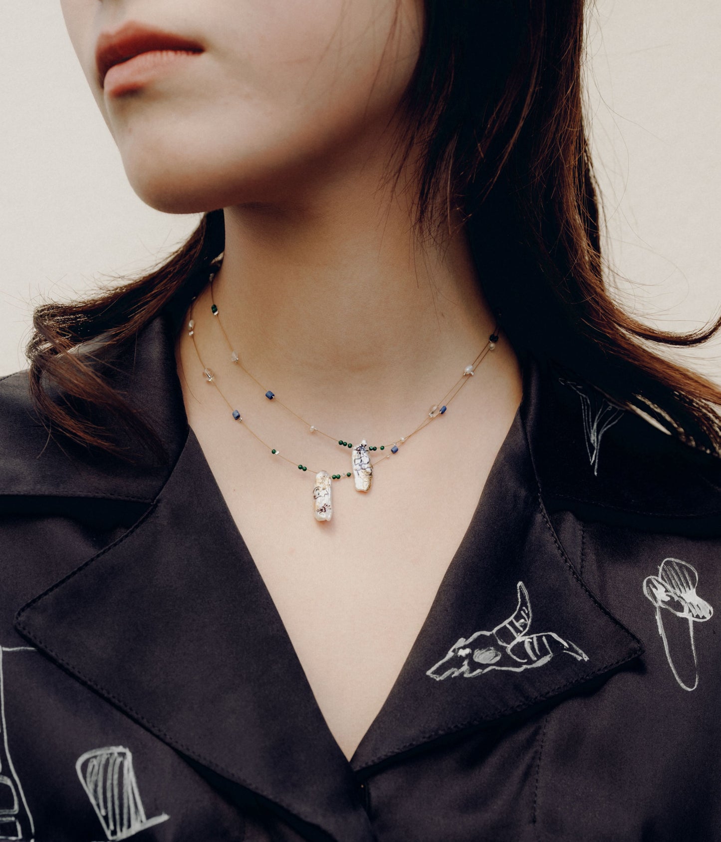 ORNAMENT&CRIME ''PEARL BEADS CHOKER'' (PEARL/SILVER/STONE)