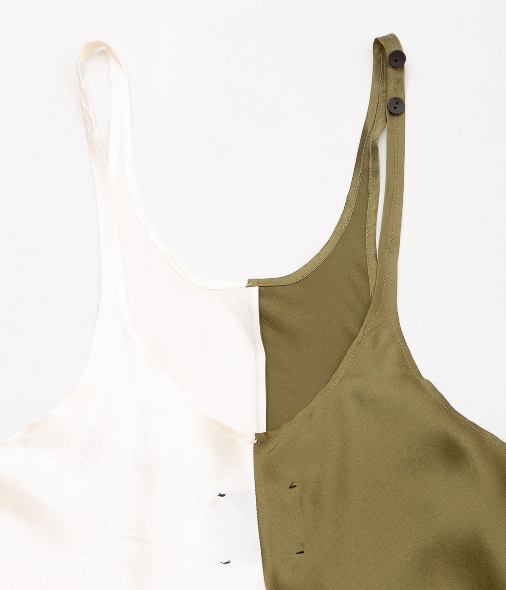 WONDEROUND "TWO TONE TANK TOP WITH HAND DRAWING & PEARL "(KHAKI&IVORY)