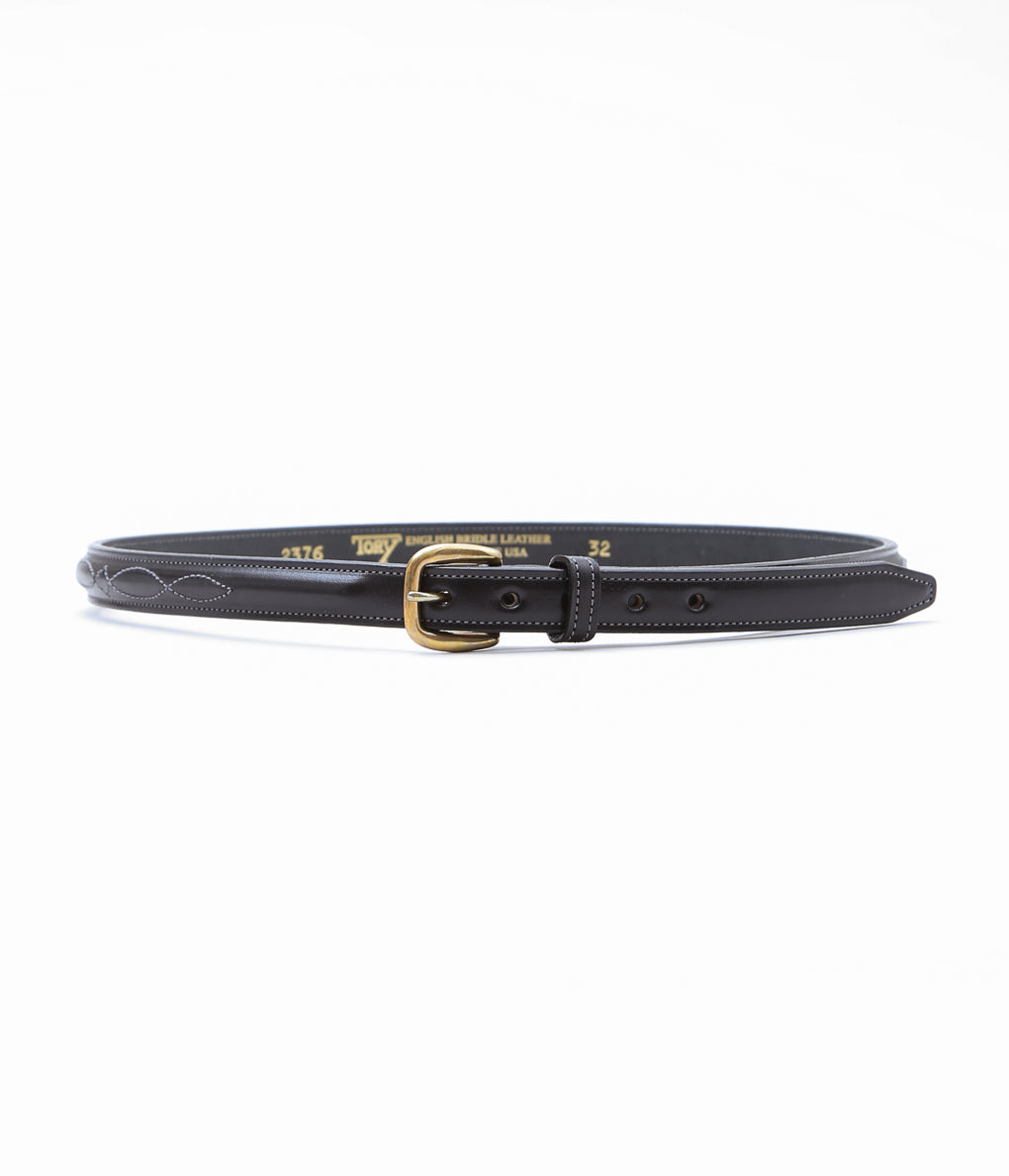 TORY LEATHER ''2376 3/4 BRIDLE LEATHER RAISED FANCY STITCHED BELT'' (BLACK/BRASS)
