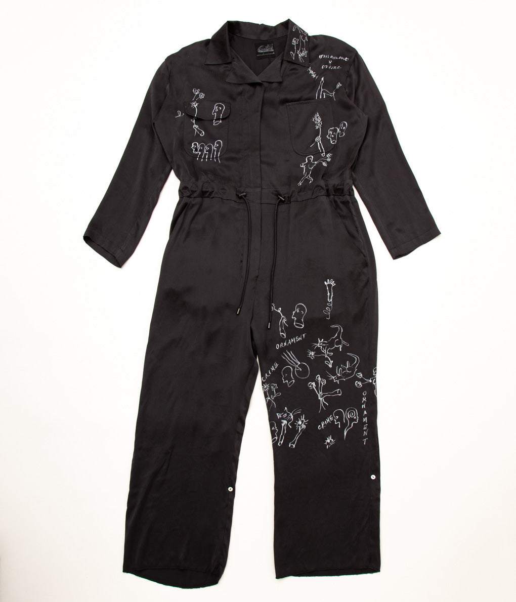 WONDEROUND "SILK WORKSUIT WITH HANDPAINT CAT GARDEN"(BLACK)