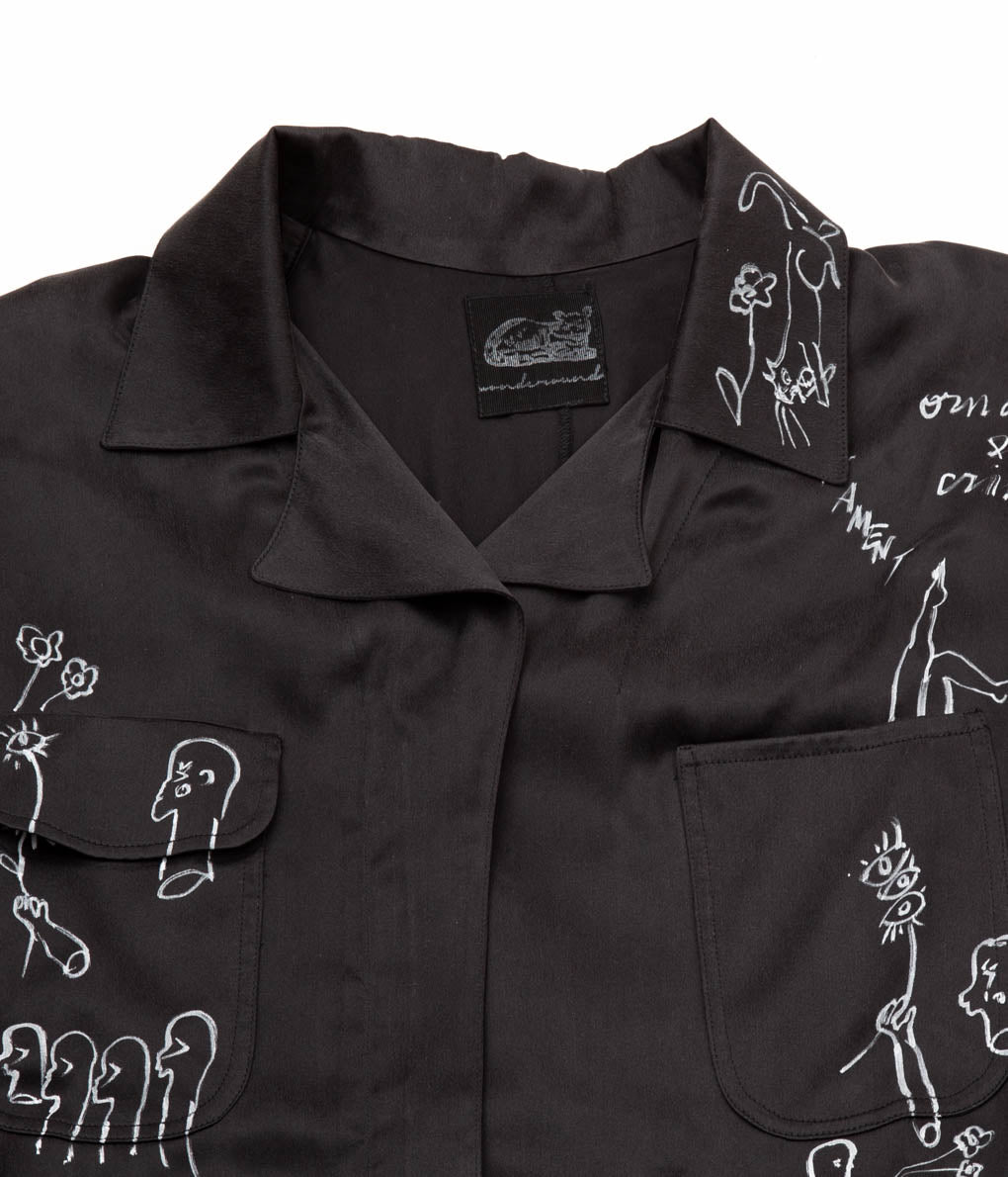 WONDEROUND "SILK WORKSUIT WITH HANDPAINT CAT GARDEN"(BLACK)