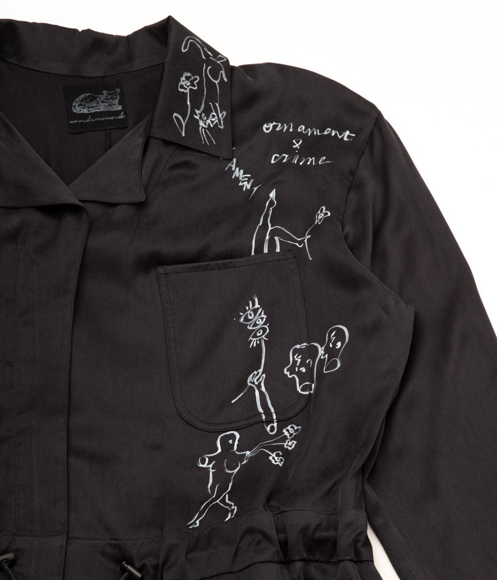 WONDEROUND "SILK WORKSUIT WITH HANDPAINT CAT GARDEN"(BLACK)