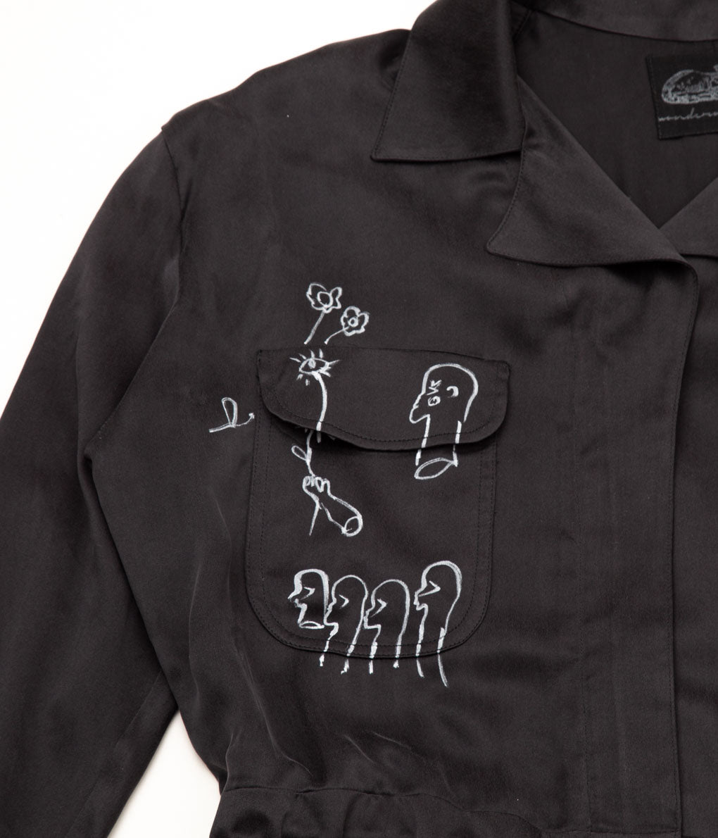 WONDEROUND "SILK WORKSUIT WITH HANDPAINT CAT GARDEN"(BLACK)