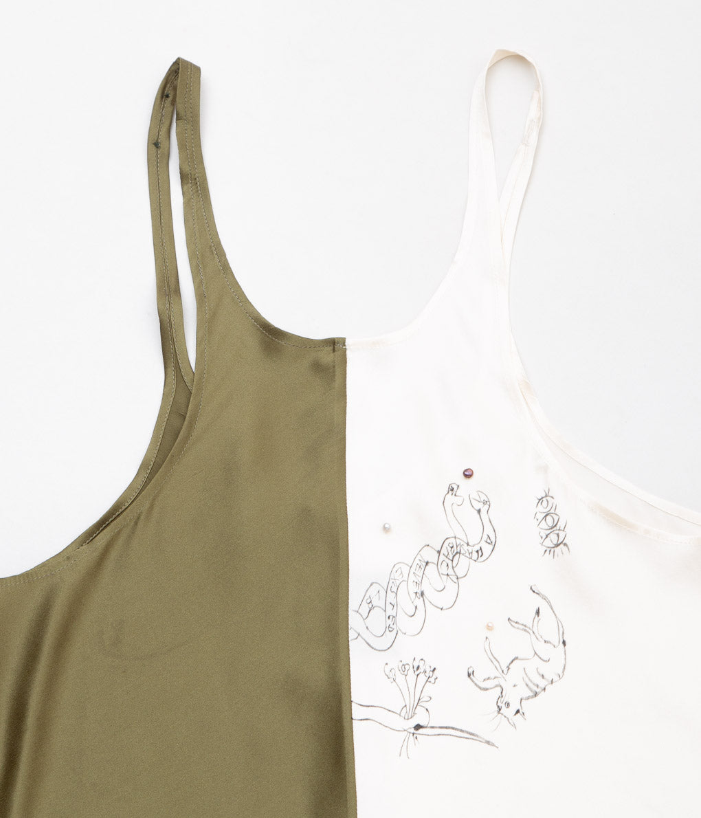 WONDEROUND "TWO TONE TANK TOP WITH HAND DRAWING & PEARL "(KHAKI&IVORY)