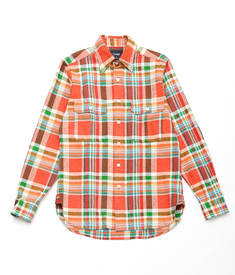 DRAKE'S ''MADRAS LINEN-COTTON WORK SHIRT'' (RED, ORG & GREEN)
