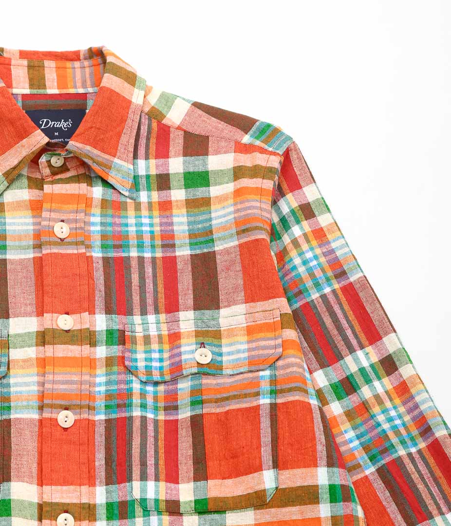 DRAKE'S ''MADRAS LINEN-COTTON WORK SHIRT'' (RED, ORG & GREEN)