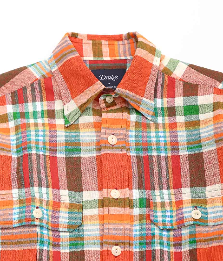 DRAKE'S ''MADRAS LINEN-COTTON WORK SHIRT'' (RED, ORG & GREEN)