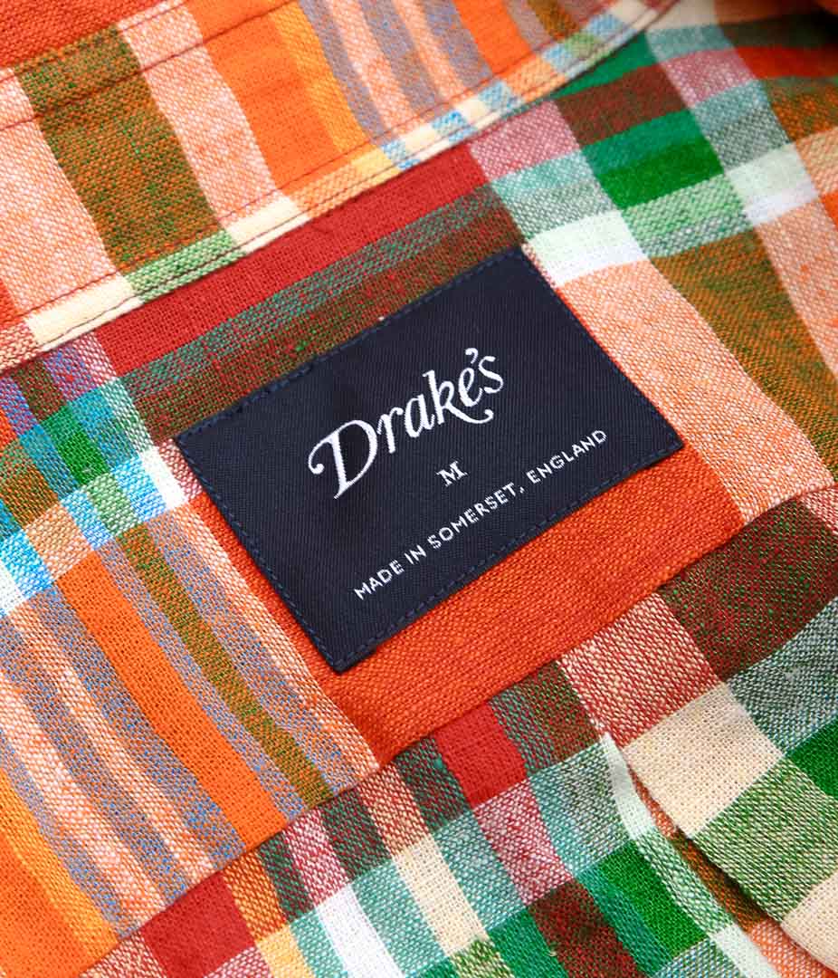DRAKE'S ''MADRAS LINEN-COTTON WORK SHIRT'' (RED, ORG & GREEN)