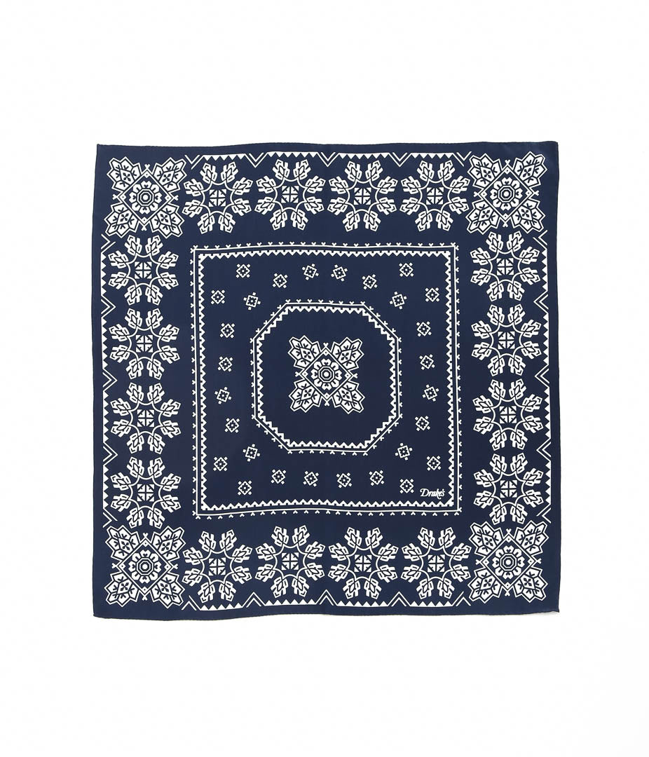 DRAKE'S ''TRAD SILK BANDANA'' (NAVY & ECRU)