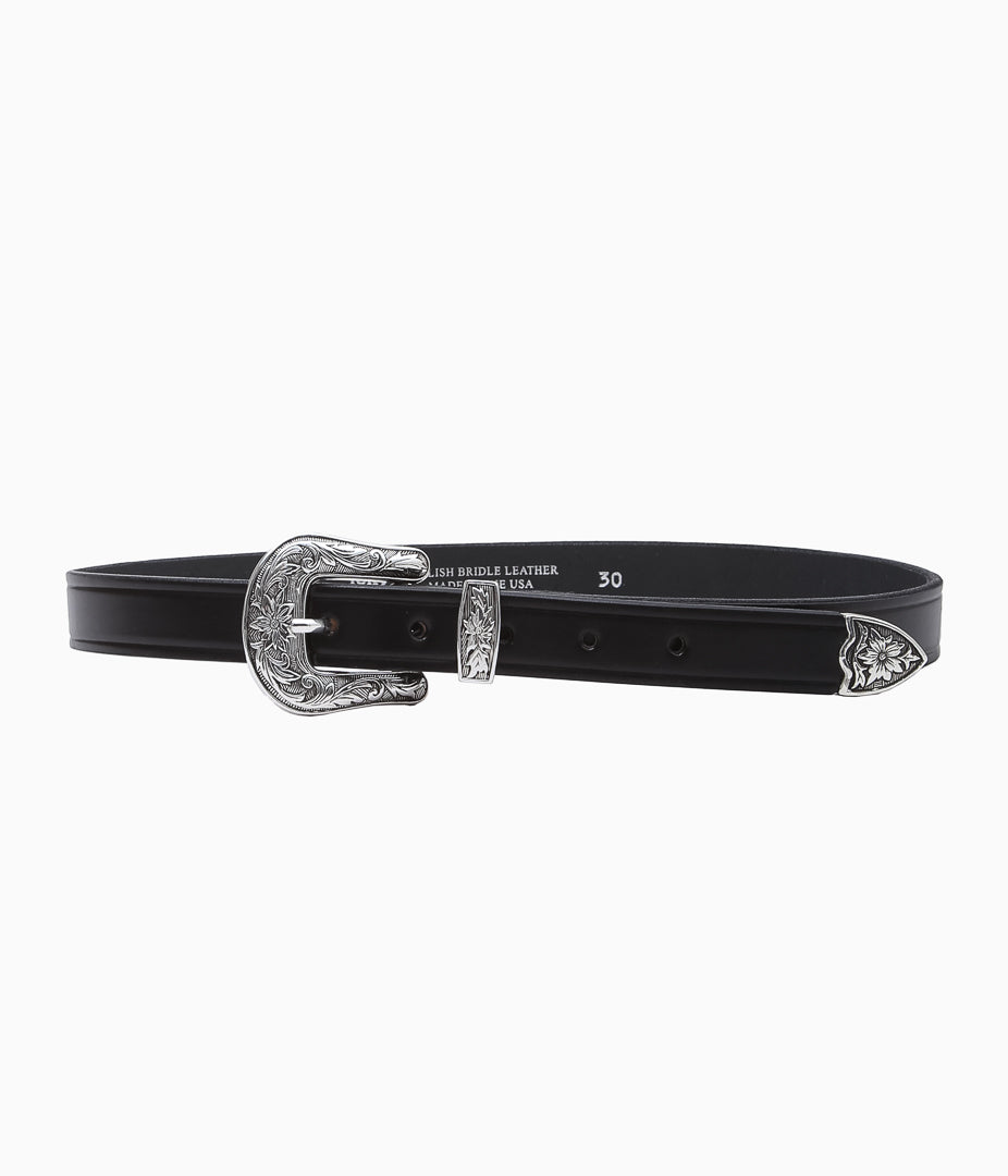TORY LEATHER ''3136 ANTIQUE SILVER BUCKLE SET BELT'' (BLACK