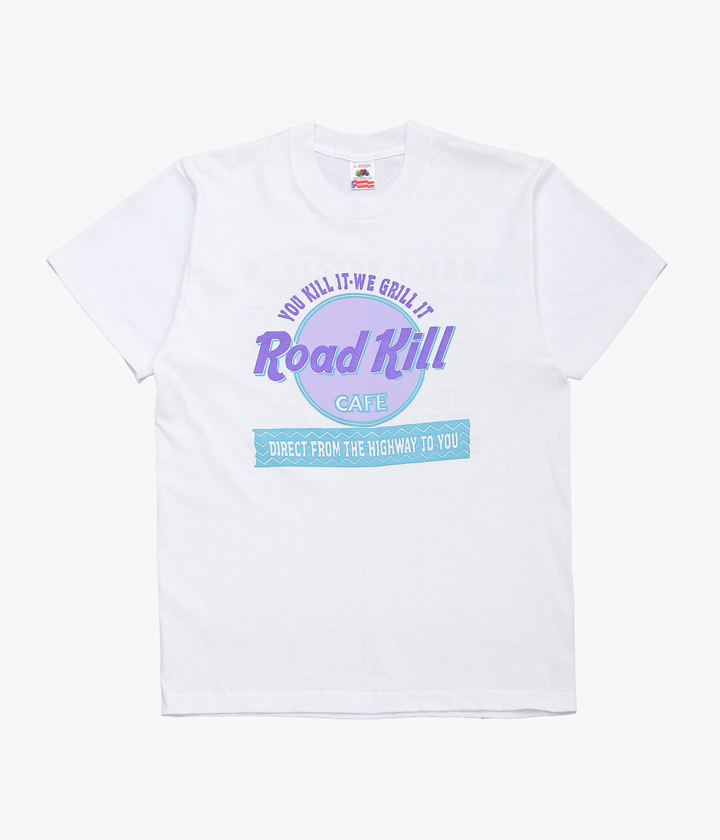 VINTAGE CLOTHING ''90'S ROAD KILL CAFE TEE MADE INT THE U.S.A.'' (WHITE)