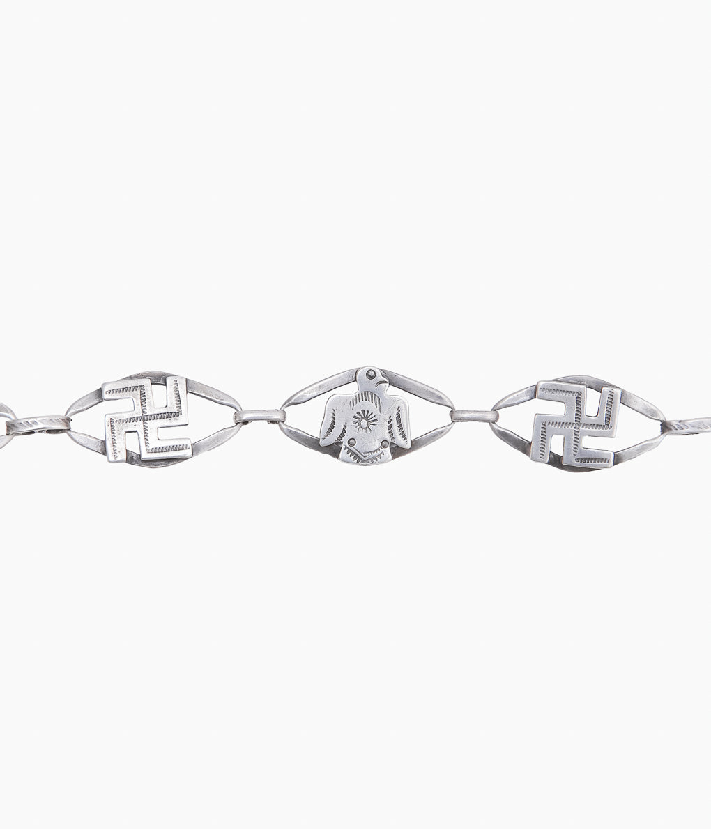VINTAGE JEWELRY ''30-40'S 5 SEGMENT BRACELET SWASTIKA, THUNDERBIRD, DOG⓵ ''(실버)