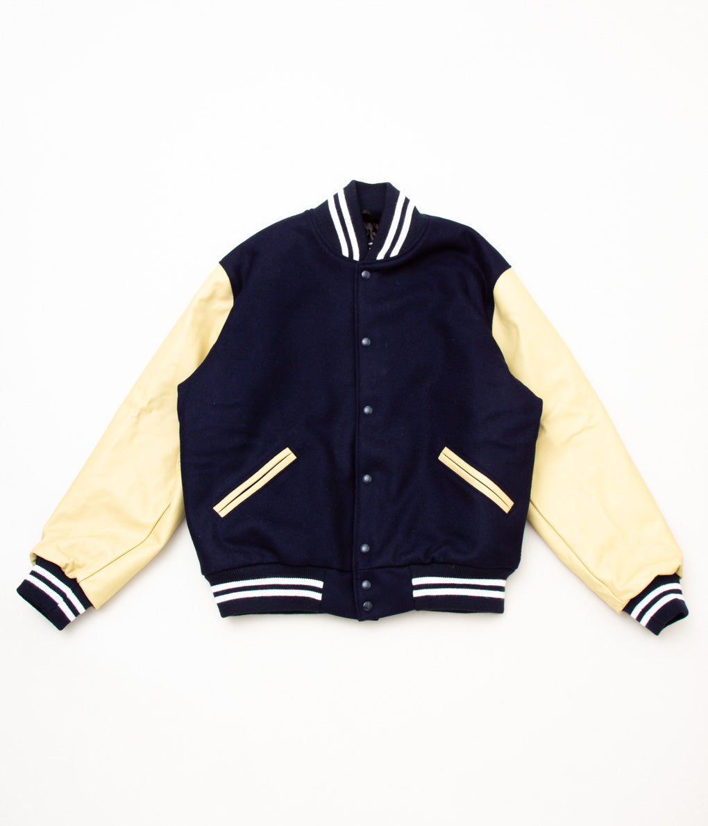 SETTLEMIERS"LEATHER SLEEVE VARSITY JACKET"(NAVY×BONE)