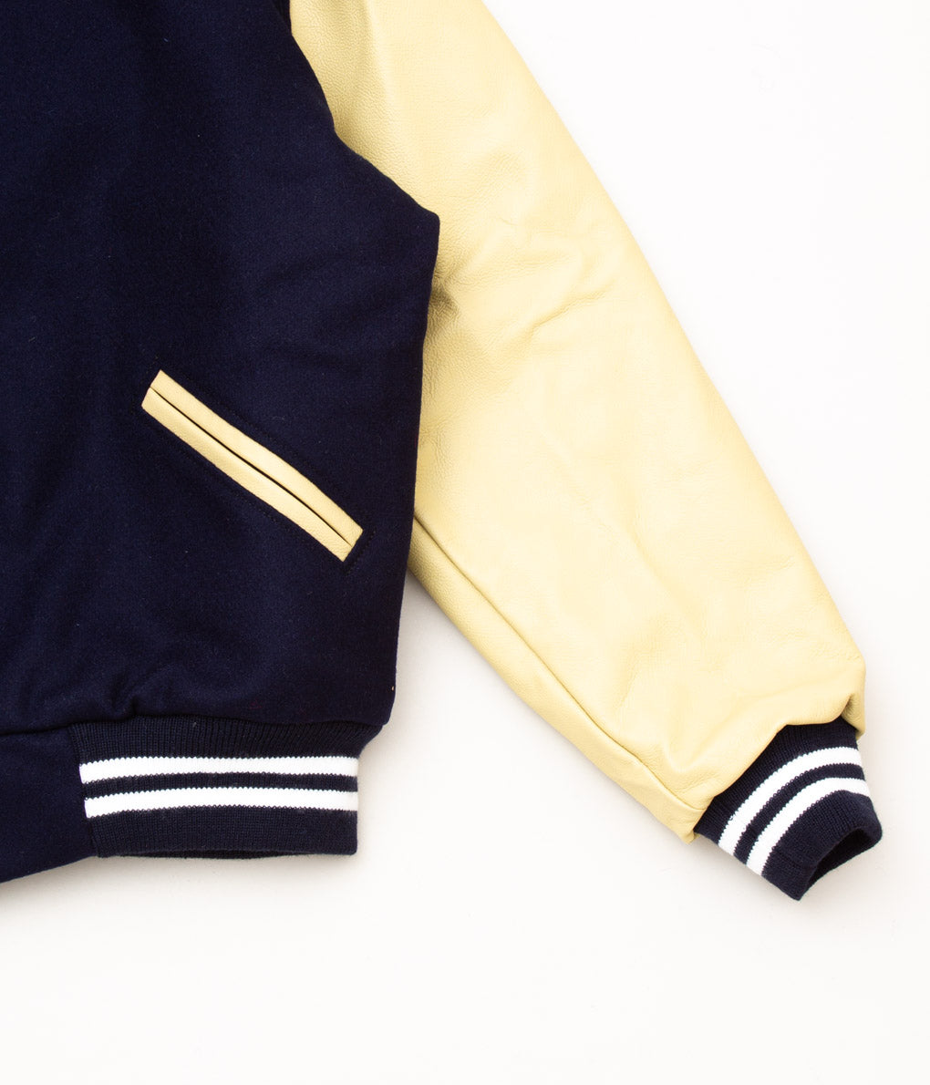 SETTLEMIERS"LEATHER SLEEVE VARSITY JACKET"(NAVY×BONE)