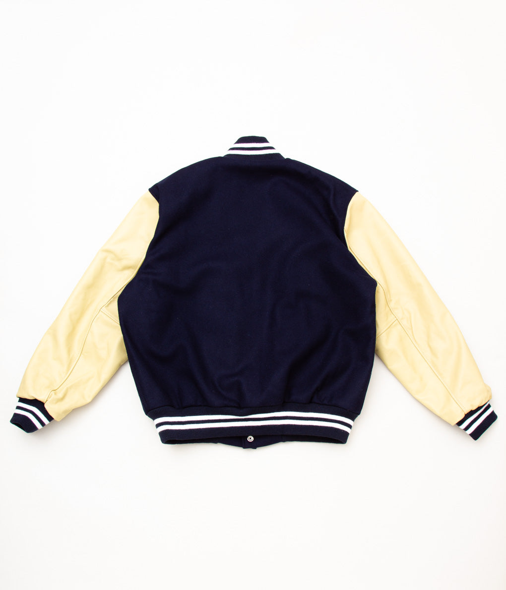 SETTLEMIERS"LEATHER SLEEVE VARSITY JACKET"(NAVY×BONE)