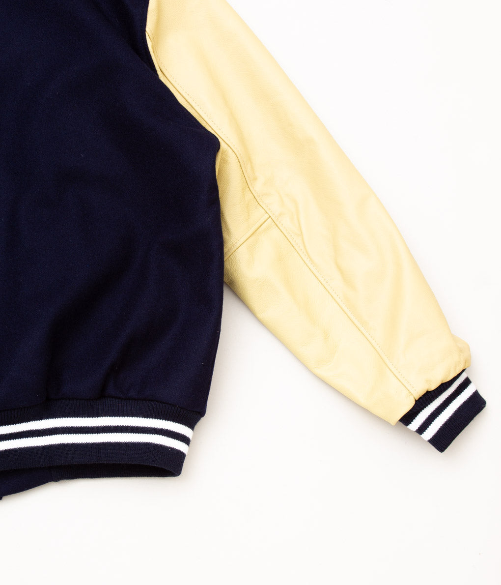 SETTLEMIERS"LEATHER SLEEVE VARSITY JACKET"(NAVY×BONE)