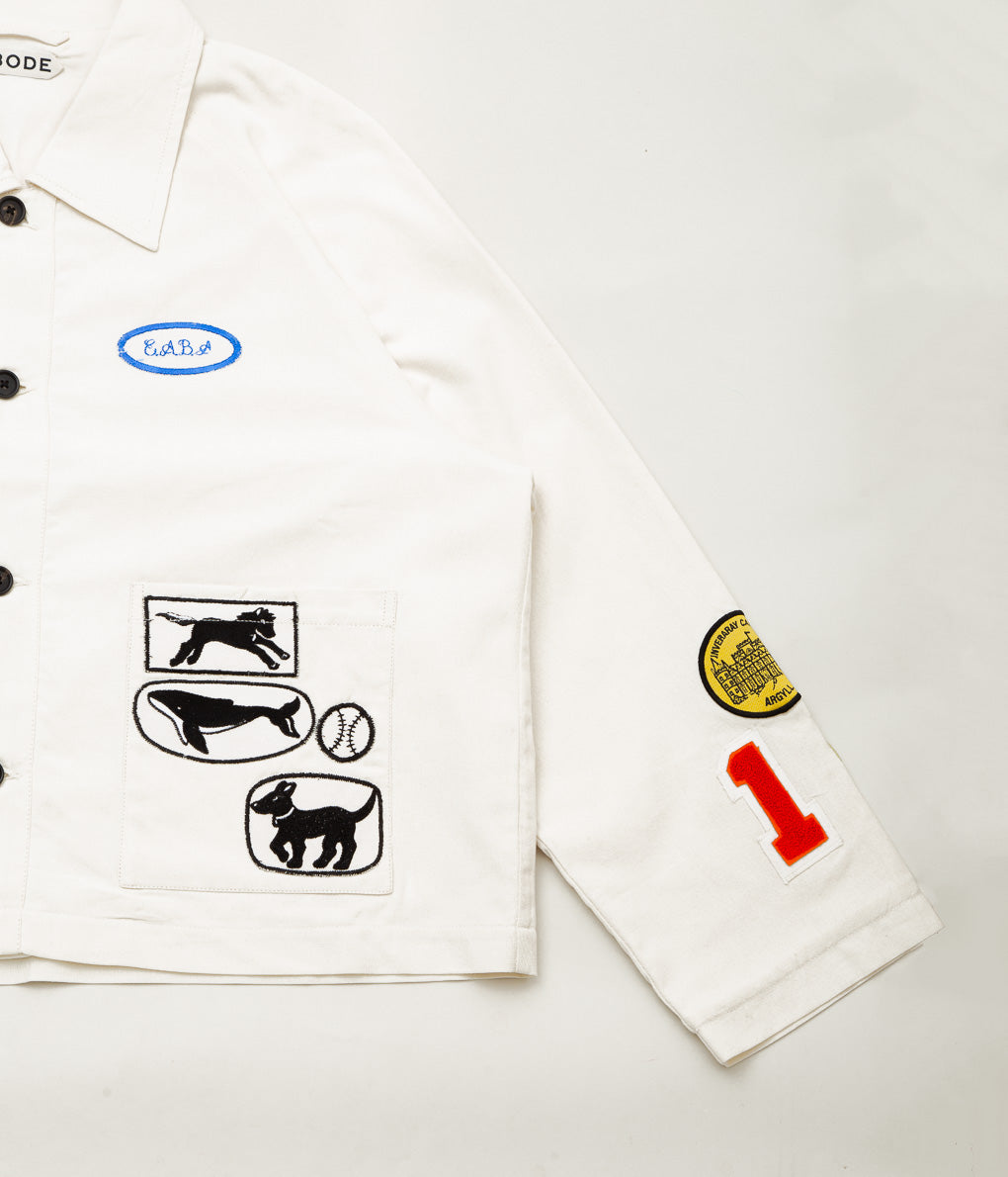 BODE ''CAMBRIDGE PATCH JACKET'' (WHITE MULTI) – THE STORE BY