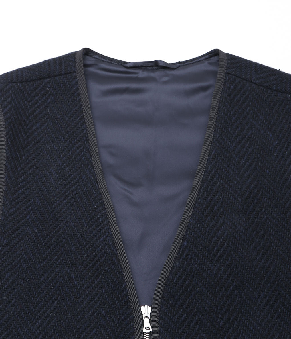 HARRY MUNDY ''ZIPPER WAISTCOAT WITH BINDING'' (DONEGAL NAVY HERRINGBONE)