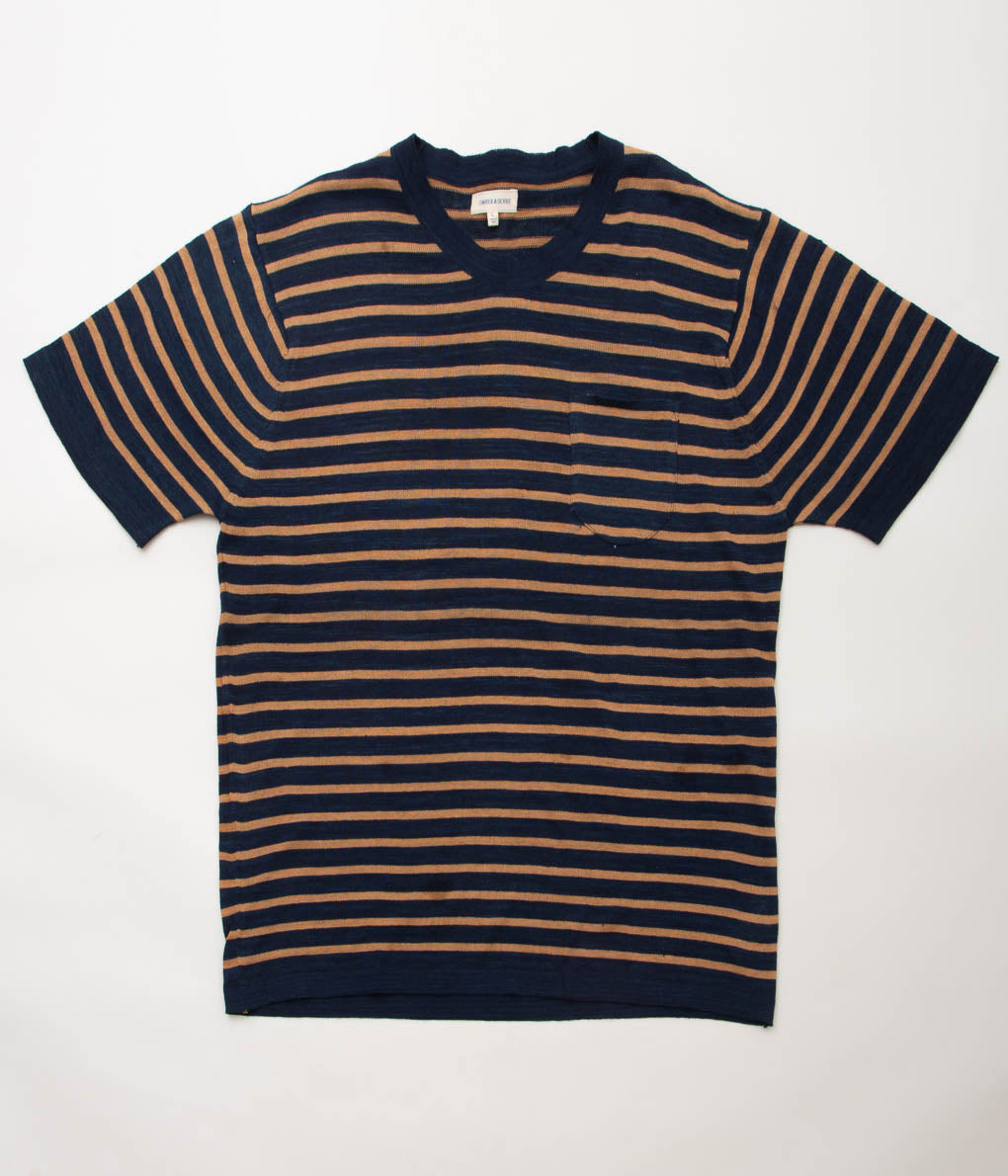 UMBER&OCHRE ''AZAD S/S POCKET FLAT KNIT TEE'' (INDIGO STRIPE)