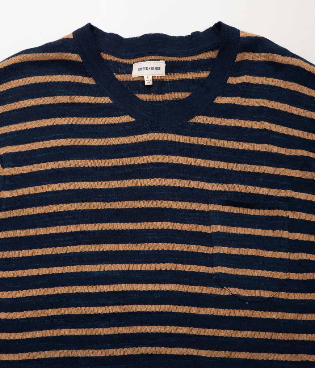 UMBER&OCHRE ''AZAD S/S POCKET FLAT KNIT TEE'' (INDIGO STRIPE)