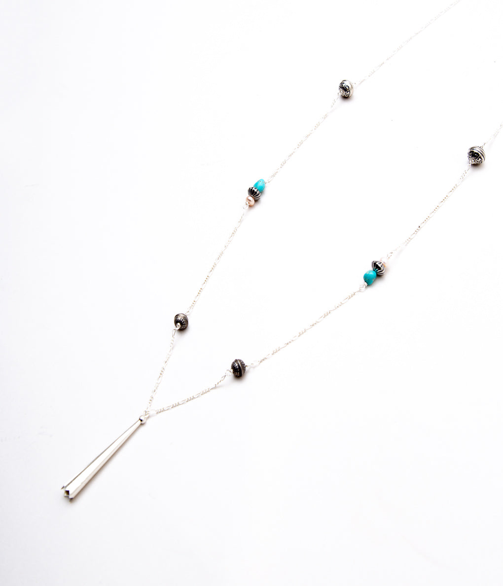 DINEH "METAL BOLO TIP TURQUOISE & PEARL NECKLACE"(SILVER & TURQUOISE & PEARL)