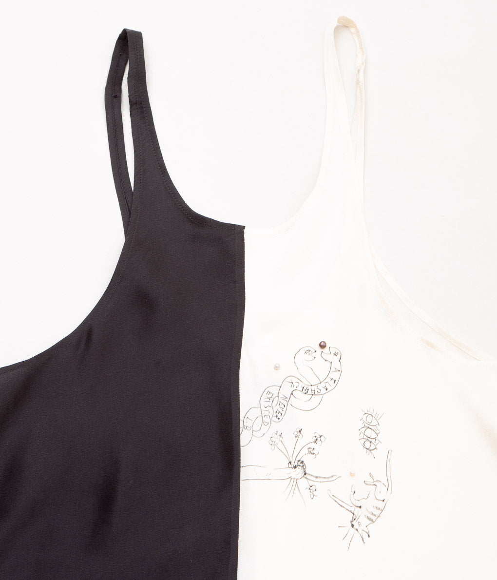 WONDEROUND "TWO TONE TANK TOP WITH HAND DRAWING & PEARL "(BLACK&IVORY)