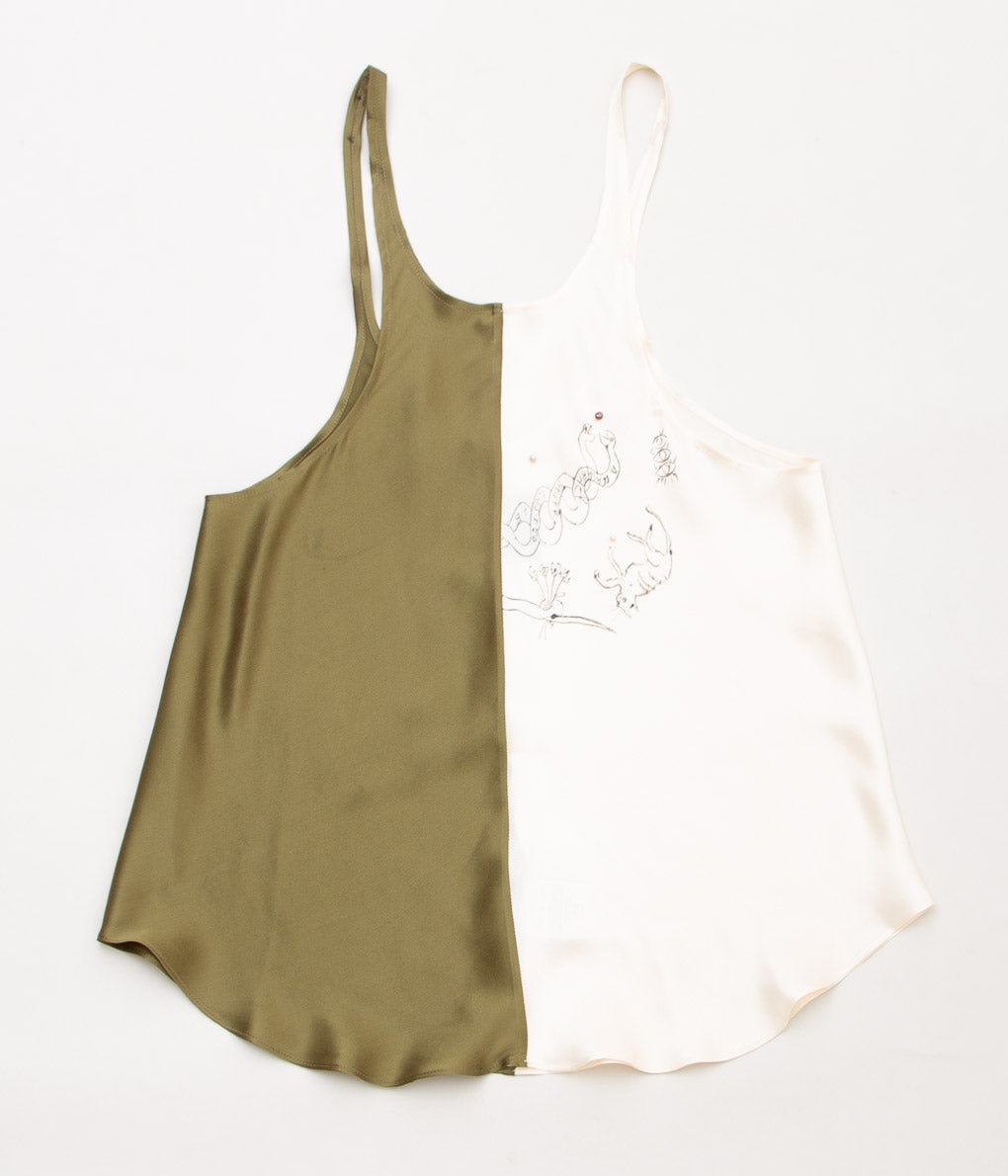 WONDEROUND "TWO TONE TANK TOP WITH HAND DRAWING & PEARL "(KHAKI&IVORY)