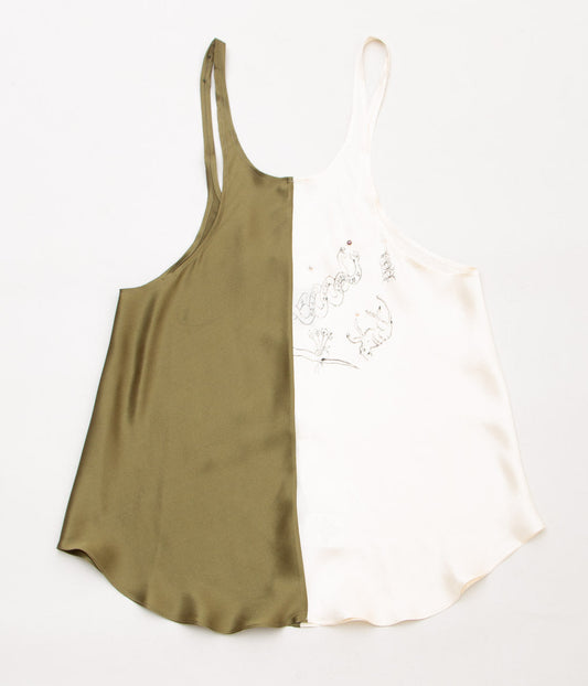 WONDEROUND "TWO TONE TANK TOP WITH HAND DRAWING & PEARL "(KHAKI&IVORY)