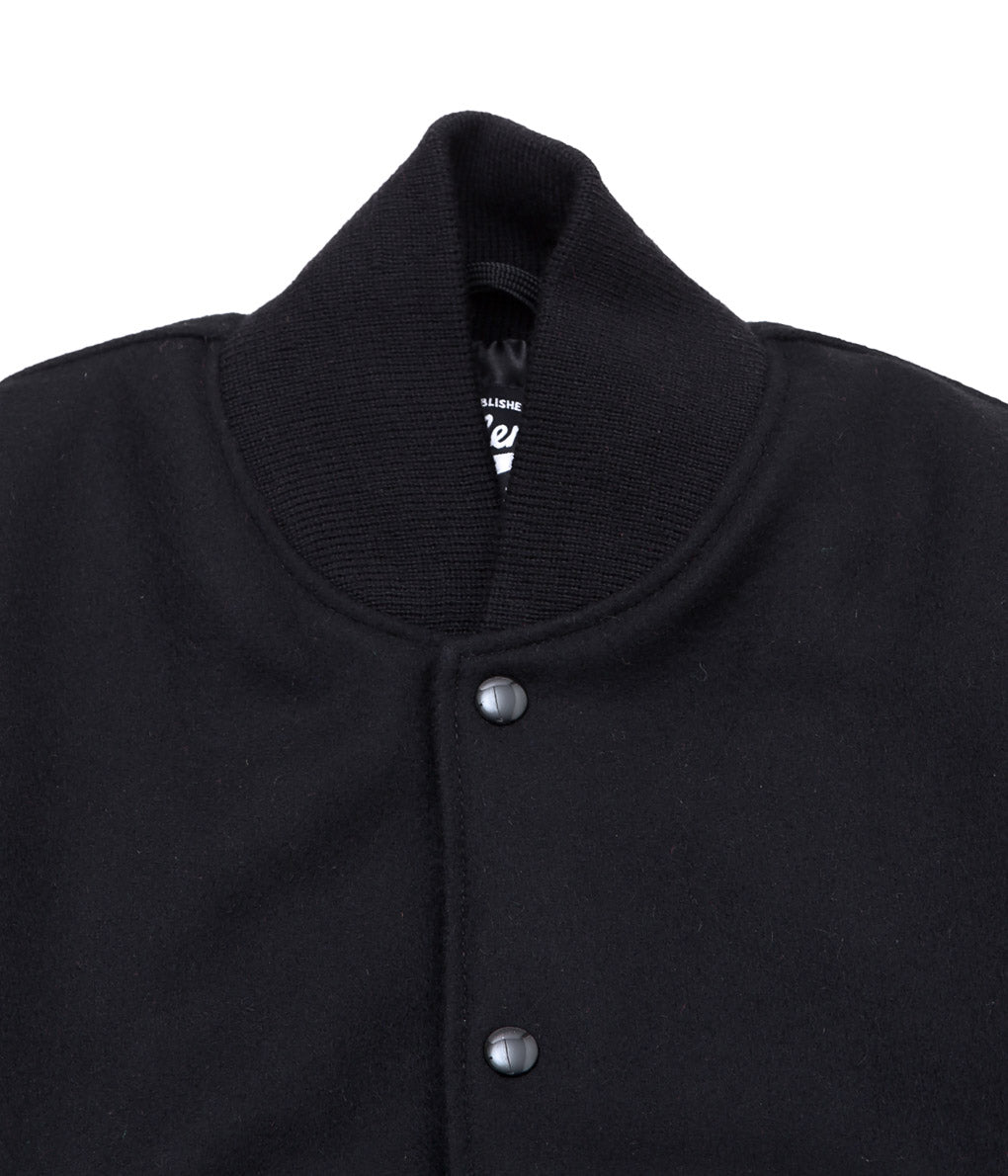 SETTLEMIER'S ''LETHER SLEEVE LONG VARSITY JACKET'' (BLACK)