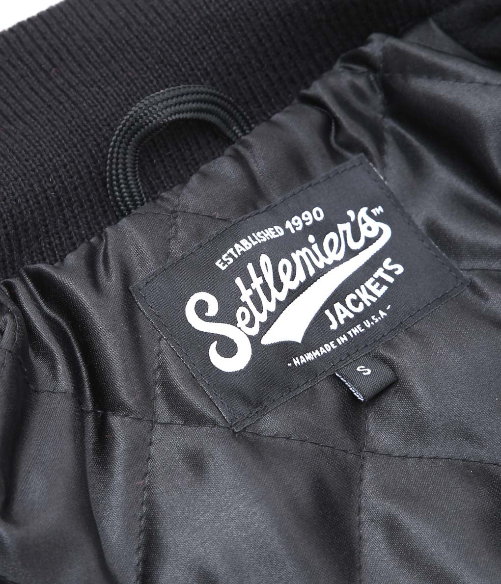 SETTLEMIER'S ''LETHER SLEEVE LONG VARSITY JACKET'' (BLACK)