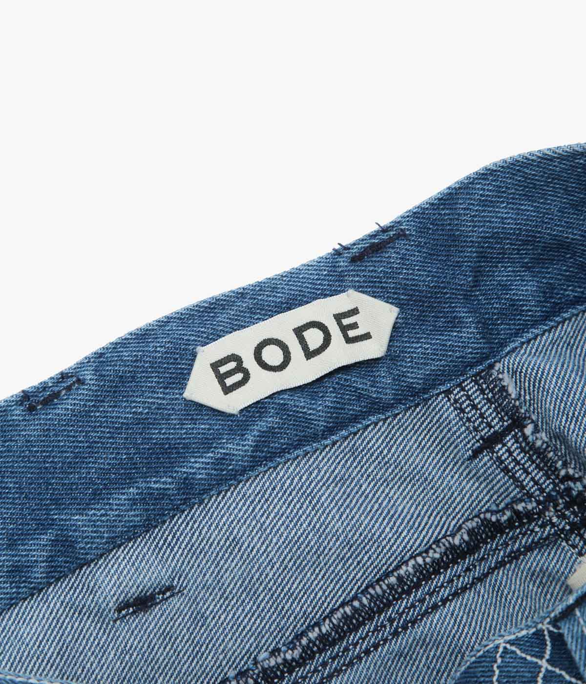 BODE "DENIM EMBROIDERED KNOLLY BROOK TROUSERS" (INDIGO)