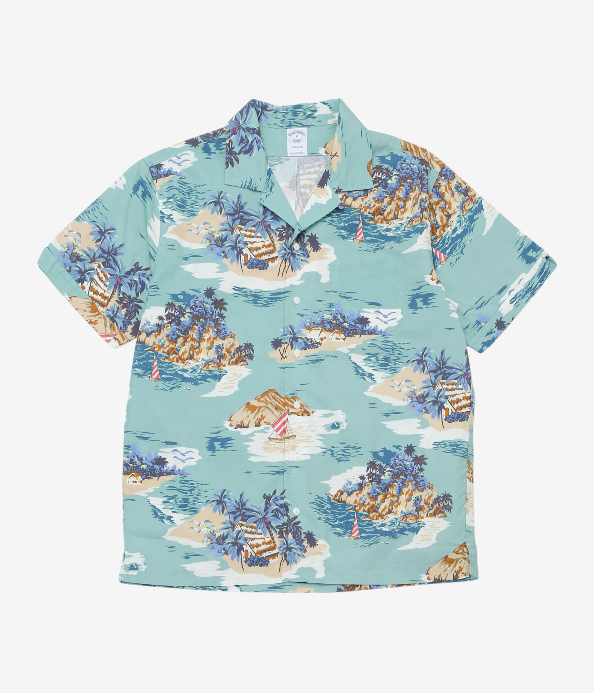 BROOKS BROTHERS "COTTON CAMP COLLAR ISLAND MOTIF S/S" (BLUE TAN)
