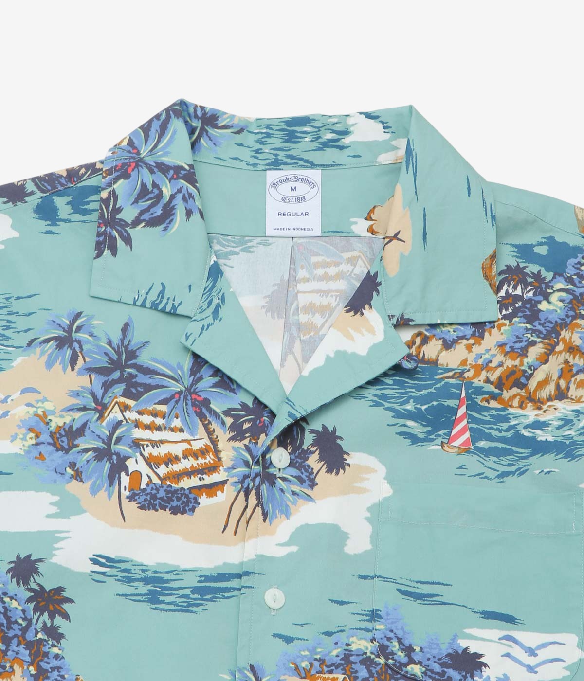 BROOKS BROTHERS "COTTON CAMP COLLAR ISLAND MOTIF S/S" (BLUE TAN)