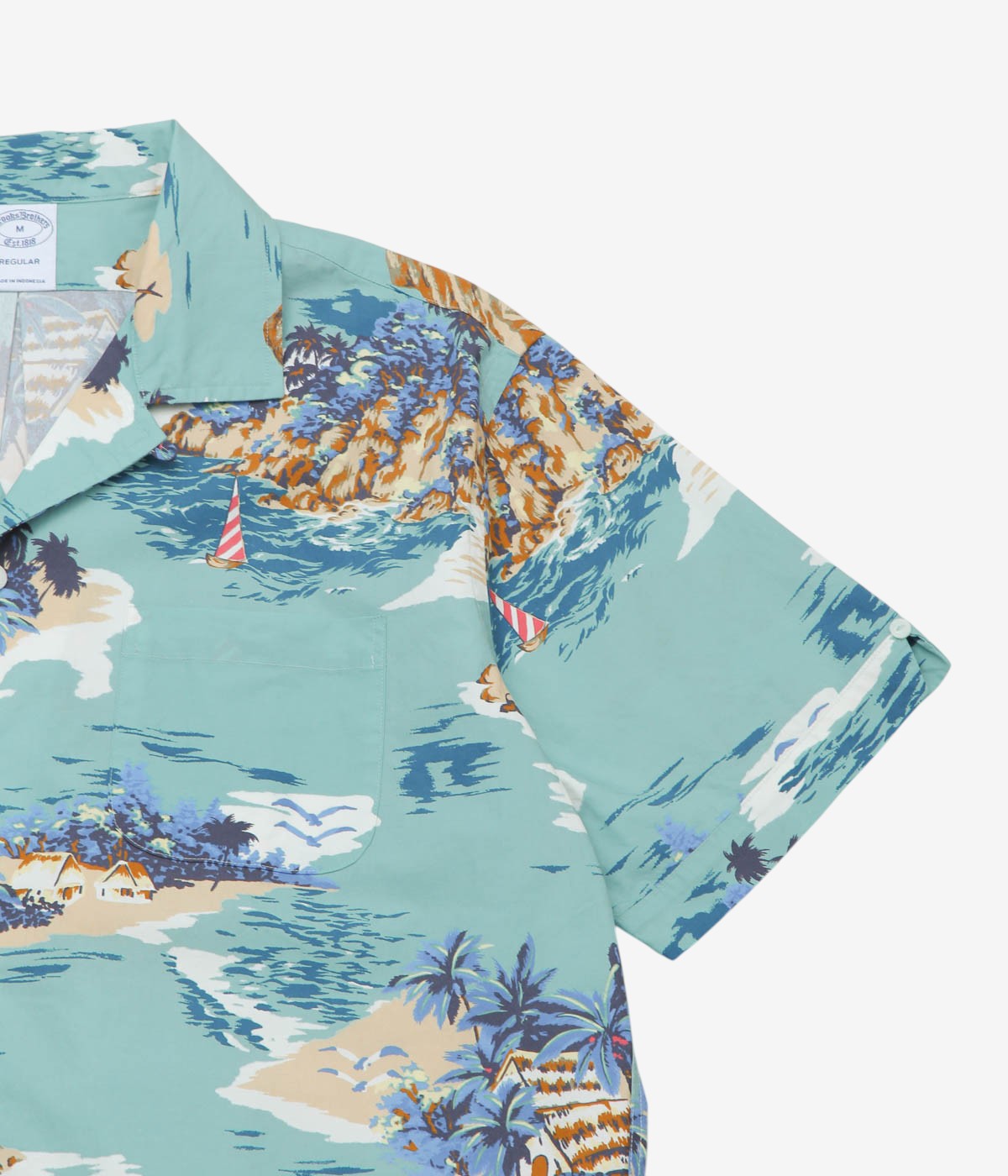 BROOKS BROTHERS "COTTON CAMP COLLAR ISLAND MOTIF S/S" (BLUE TAN)