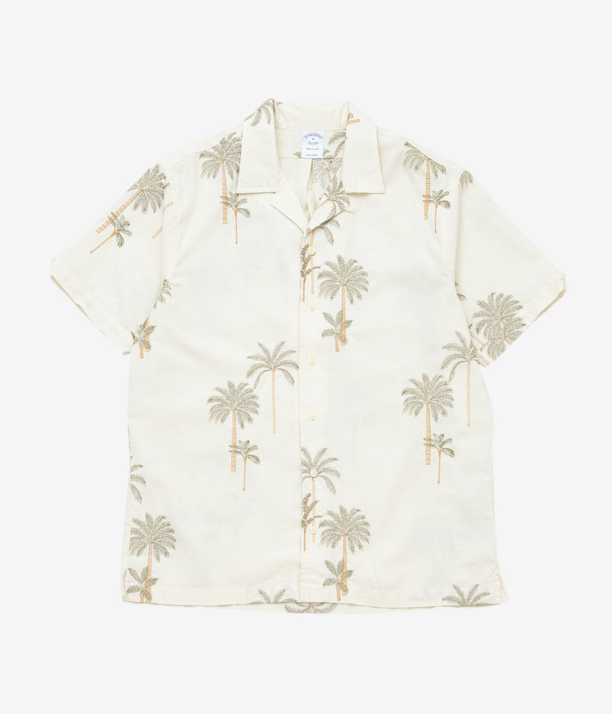 BROOKS BROTHERS "COTTON/LINEN CAMP COLLAR PALM TREE S/S" (WHITE BROWN)