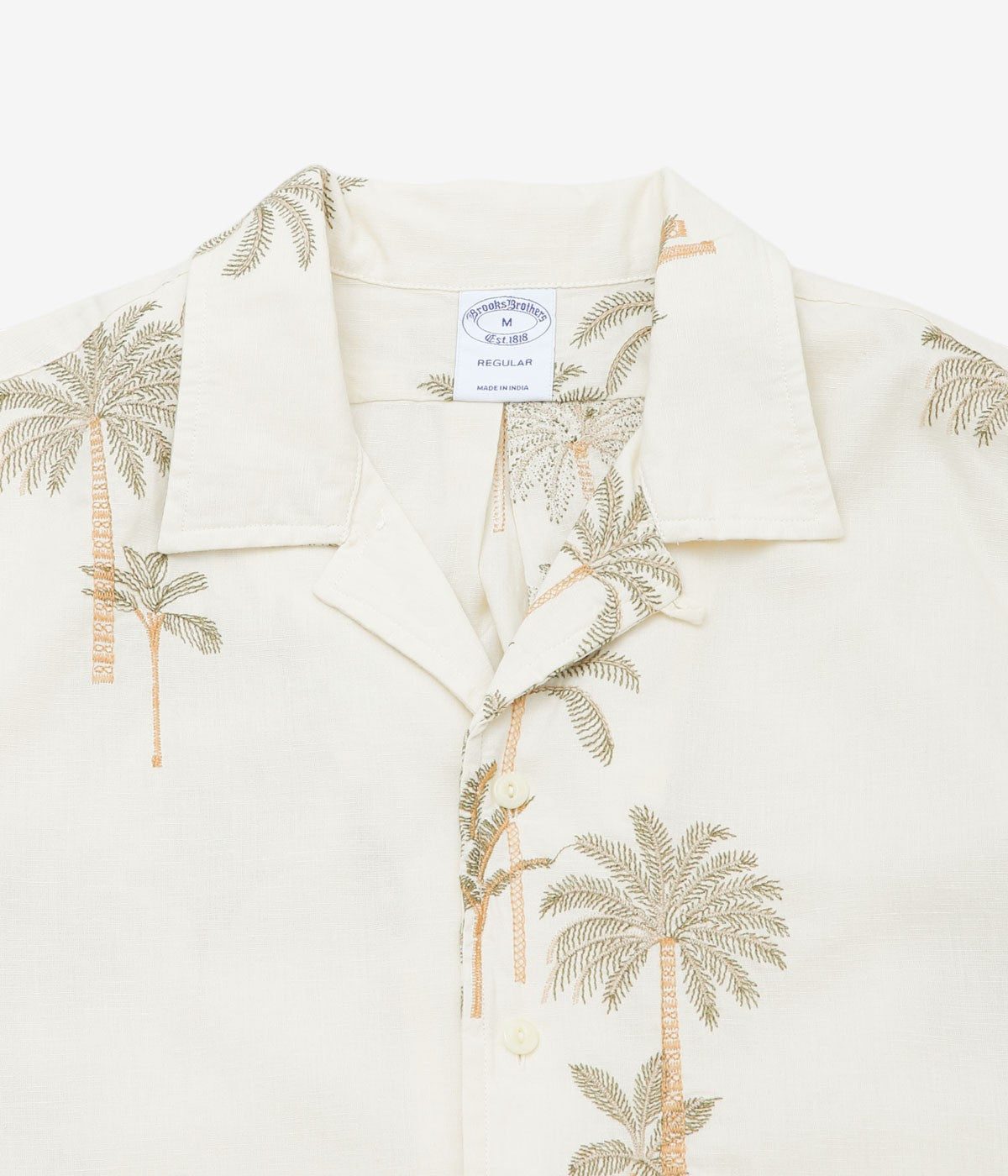 BROOKS BROTHERS "COTTON/LINEN CAMP COLLAR PALM TREE S/S" (WHITE BROWN)