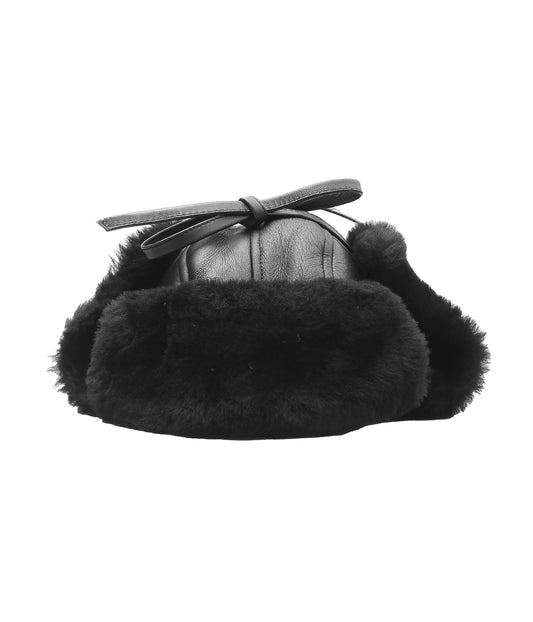 CAWLEY ''LEATHER BACK STRAIGHT HAIR SHEEPSKIN TRAPPER HAT'' (BLACK)