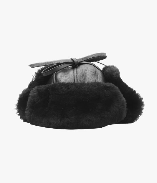 CAWLEY ''LEATHER BACK STRAIGHT HAIR SHEEPSKIN TRAPPER HAT'' (BLACK)