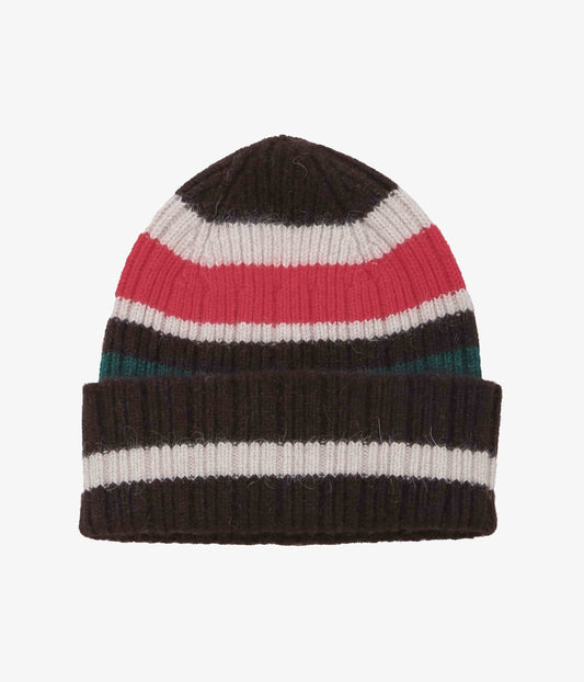 DRAKE'S ''STRIPED GEELONGORA BEANIE'' (BROWN,ECRU & RED)