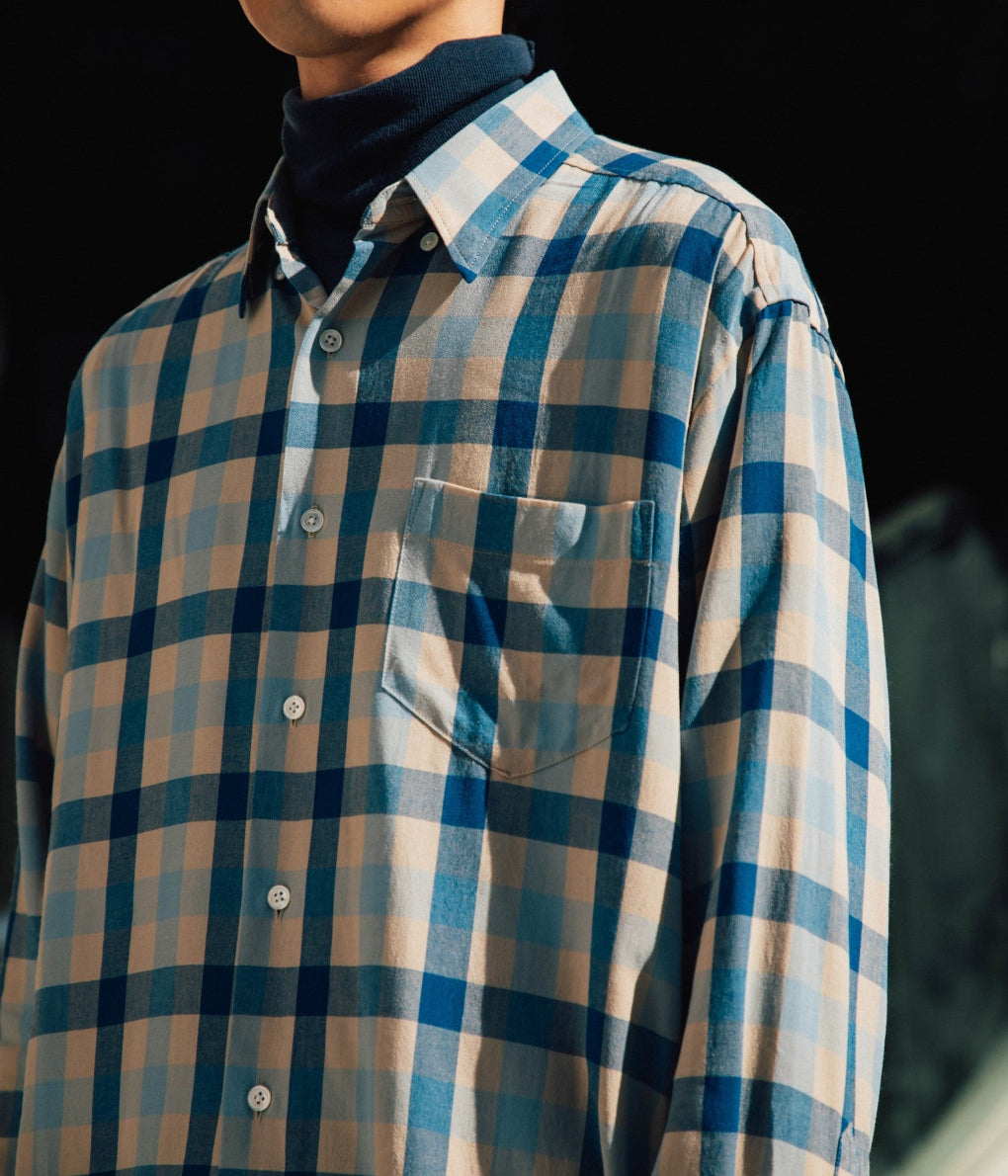 I AM DORK ''HIDDEN BUTTON SHIRTS / VISCOSE'' (BLUE×GRAY CHECK