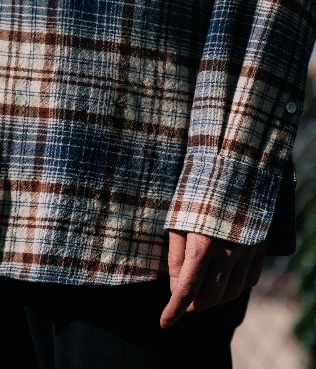 I AM DORK ''HIDDEN BUTTON SHIRTS / WOOL'' (WHITE×BLUE×BROWN)