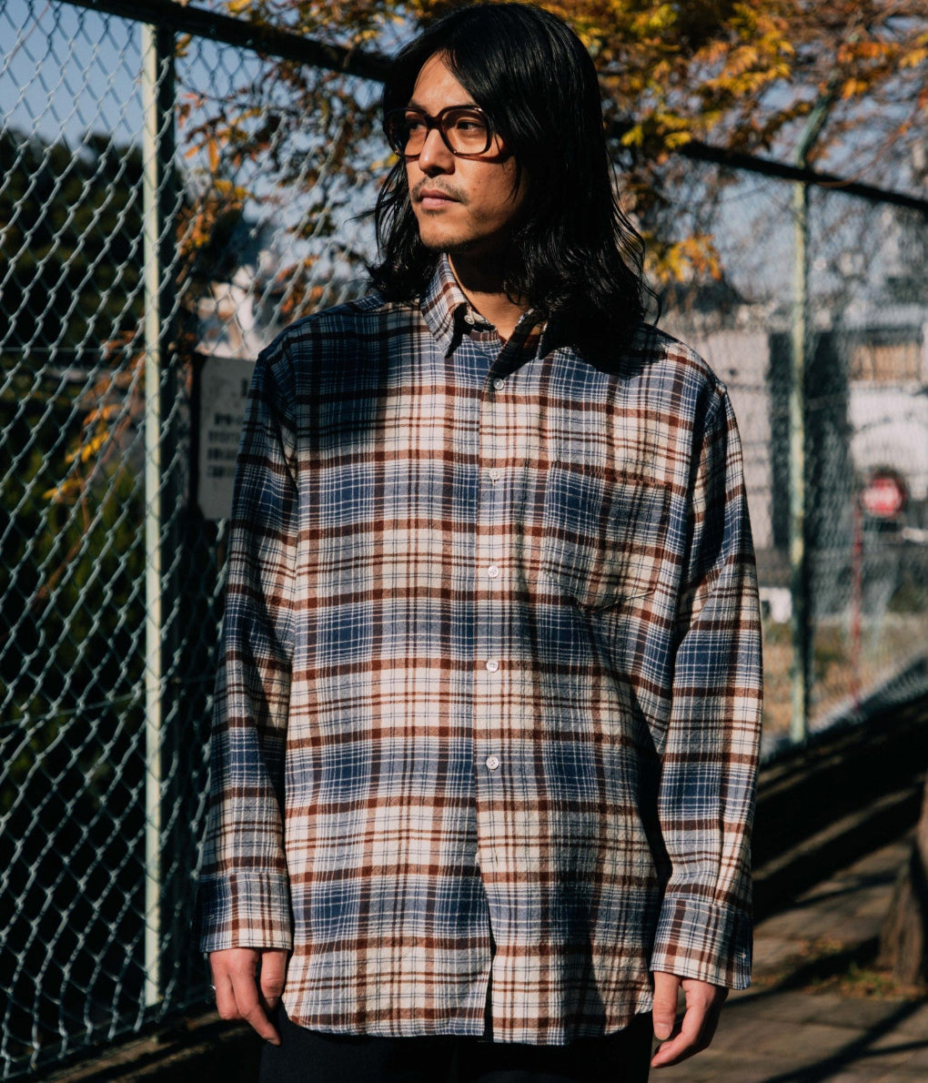 I AM DORK ''HIDDEN BUTTON SHIRTS / WOOL'' (WHITE×BLUE×BROWN) – THE