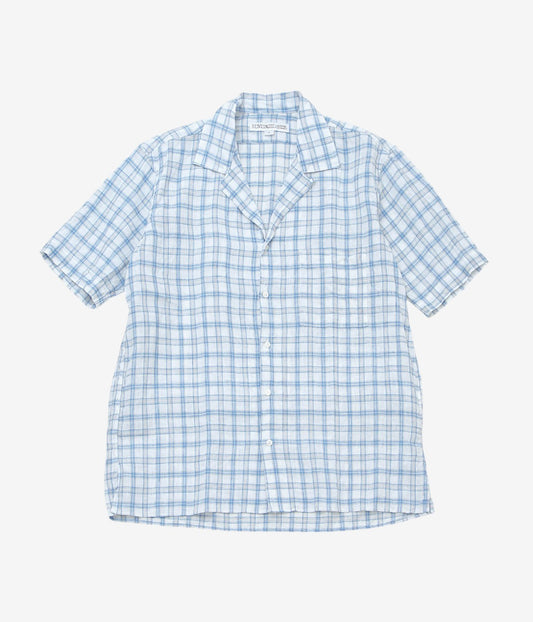 INDIVIDUALIZED SHIRTS ''LINEN PLAID CAMP COLLAR S/S'' (BLUE)
