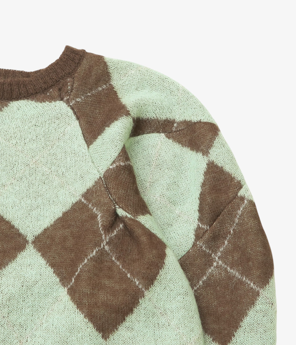 JONNLYNX ''LUMPY SLEEVE ARGYLE PULLOVER'' (GREEN MIX)