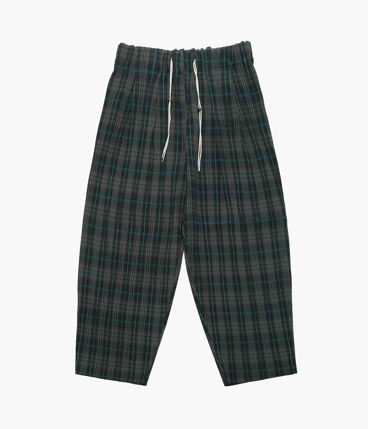 SILLAGE ''CIRCULAR PLEATS PANTS DEADSTOCK WATAHIKO TEX NAVY '' (NAVY PLAID)