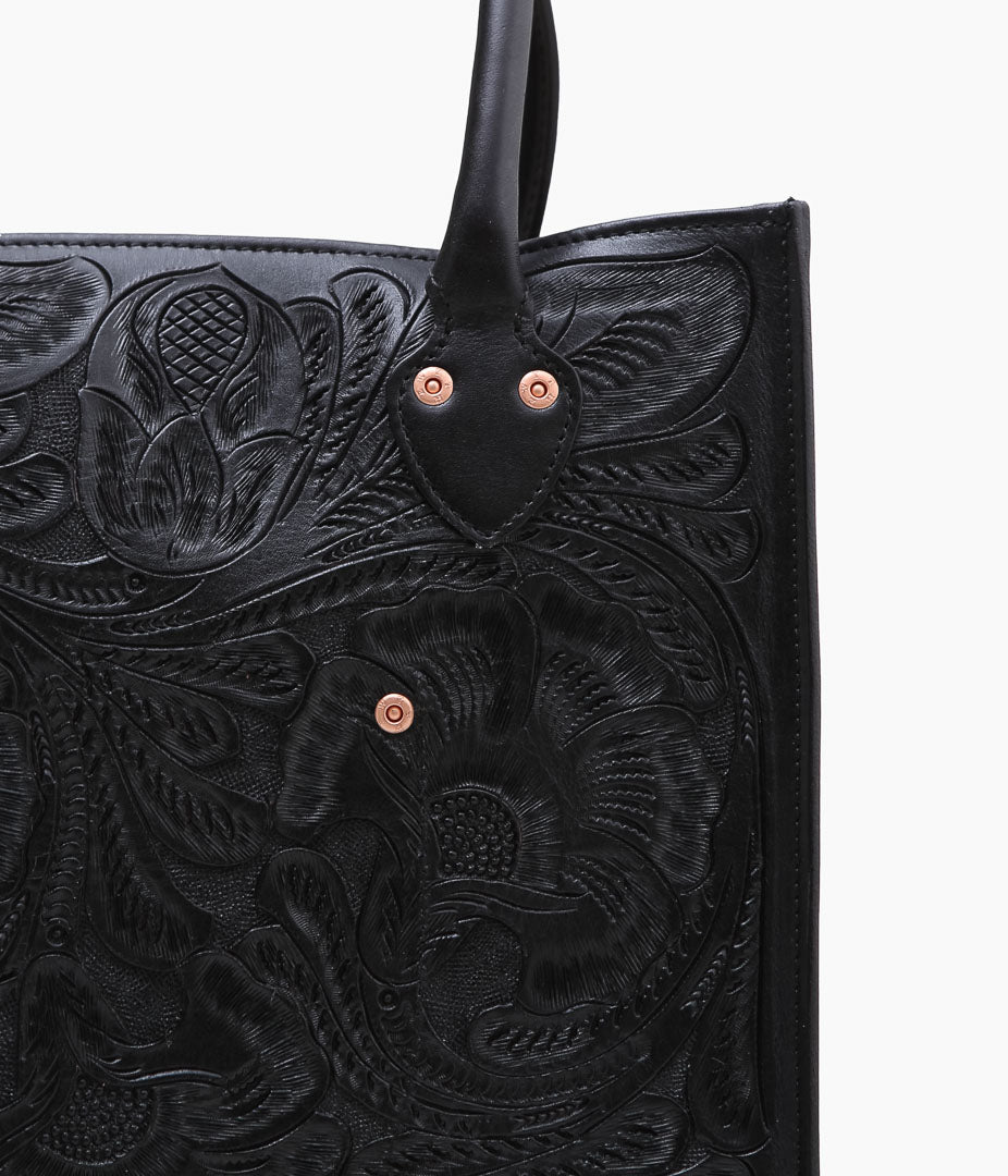 WYTHE ''MEDIUM TOOLED LEATHER TOTE'' (BLACK)